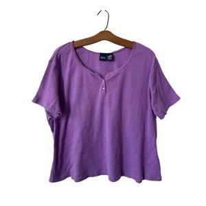 Basic Editions Henley Cropped Top Women 2X Plus Purple Pearl Snap Trendy Classic
